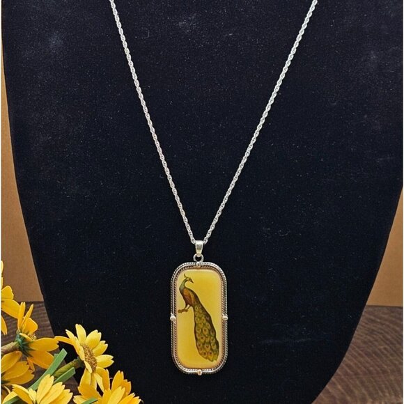 VTG Necklace Pendant Chain Peacock Cameo Bird MCM Art Deco Chic Retro Fashion - Picture 1 of 16